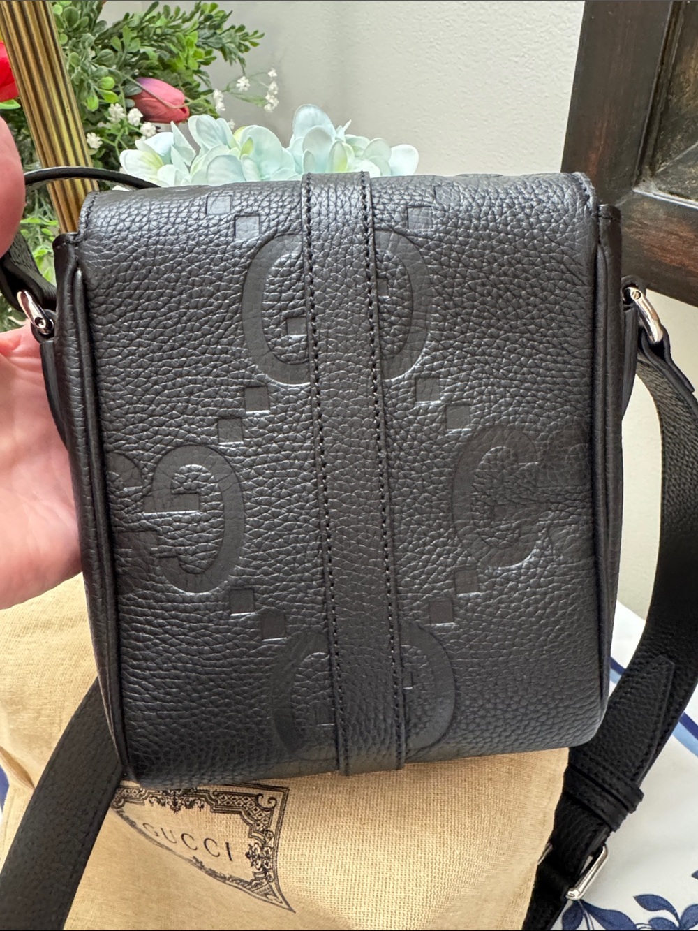 Gucci Jumbo GG Small Black Embossed Leather Messenger Bag - Picture 6 of 13